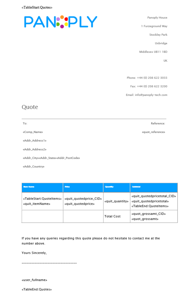 Nested mail merge - Quote template